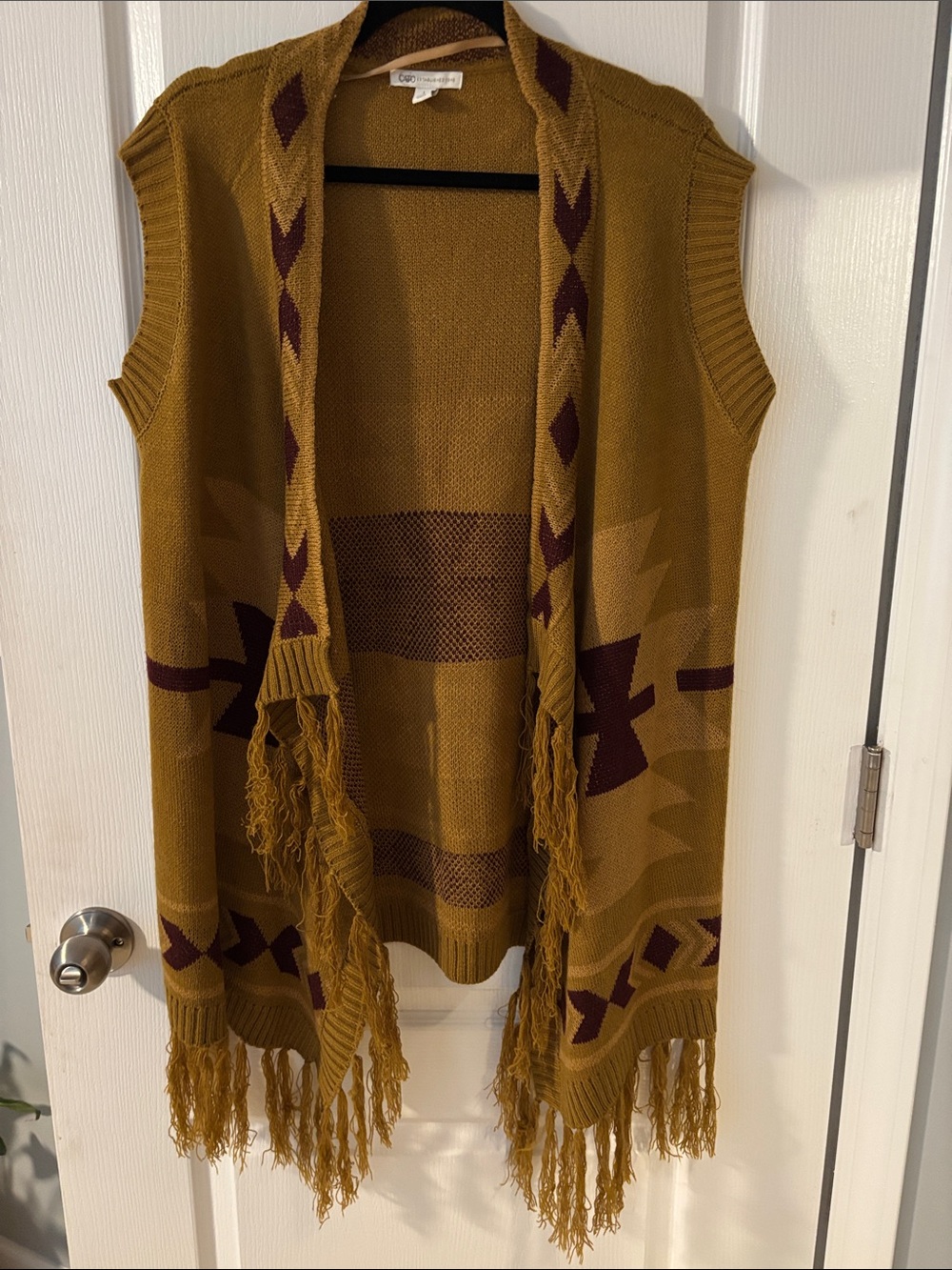 Cato Mustard Fringe Knit Vest with Maroon Geometric Accents